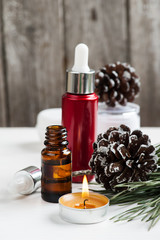 Beauty products and cosmetics with Christmas decoration
