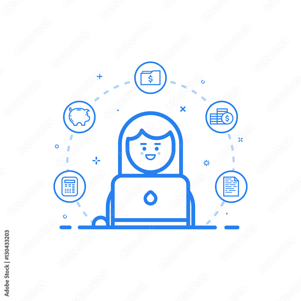 Poster vector illustration of blue icon in flat line style. linear cute and happy girl. graphic design conc