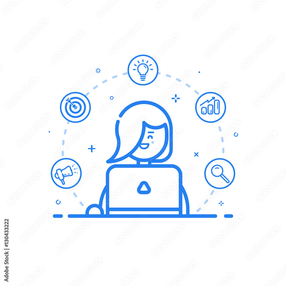 Poster vector illustration of blue icon in flat line style. linear cute and happy girl with laptop. graphic