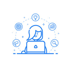 Vector illustration of blue icon in flat line style. Linear cute and happy girl with laptop. Graphic design concept of marketer woman use in Web Project and Applications Outline isolated object.
