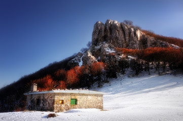 shelter on mountain in winter