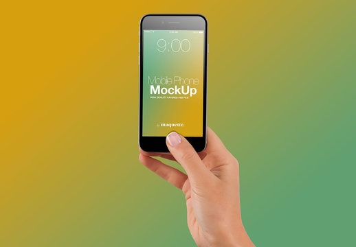 Hand with Cellphone on Gradient Background Mockup 60