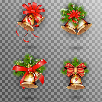Jingle bells, set of Christmas gold vector bells with red bow and fir tree branches on transparent background. Merry christmas and happy new year greeting christmas decoration element template