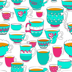 Seamless pattern of the doodle various bright colorful cup.