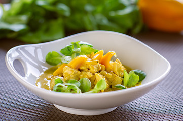 Slow Cooked Chicken Stew with Vegetables, Healthy Meal in Restaurant