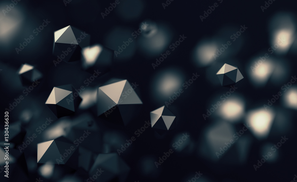 Poster abstract 3d rendering of chaotic low poly particles. flying polygonal spheres in empty space. futuri