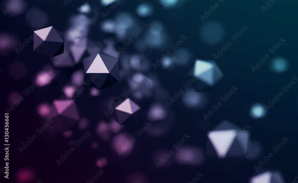 Poster abstract 3d rendering of chaotic low poly particles. flying polygonal spheres in empty space. futuri
