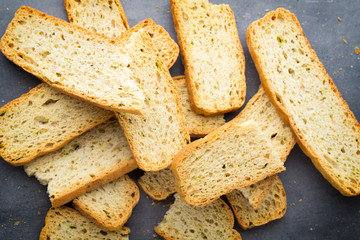 Garlic and herb bread slices. Eco food.