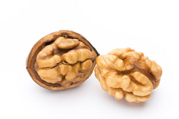 Walnut and walnut kernel isolated on the white background.