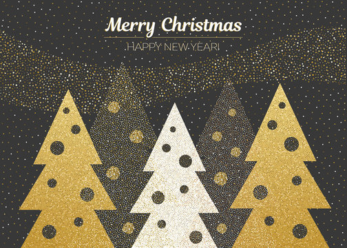 Vector merry Christmas and happy New Year design. Horizontal card with Christmas trees with christmas balls. Black gold and white colors.