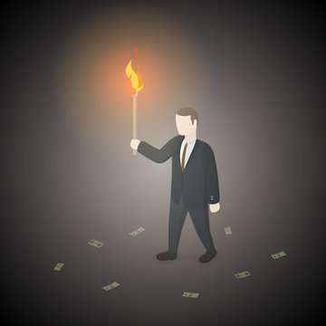 Businessman with torch searching money in darkness. Isometric view. Business concept. Vector illustration.