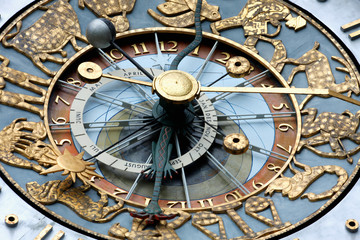 closeup look of Clock. Exterior of the Oslo City Hall in Oslo, Norway