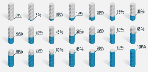 Set of blue percentage charts for infographics, 0 5 10 15 20 25 30 35 40 45 50 55 60 65 70 75 80 85 90 95 100 percent. Vector illustration.