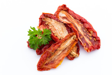 Dried tomatoes isolated on white background.