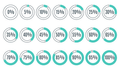 Set of blue circle percentage diagrams for infographics, 0 5 10 15 20 25 30 35 40 45 50 55 60 65 70 75 80 85 90 95 100 percent. Vector illustration.