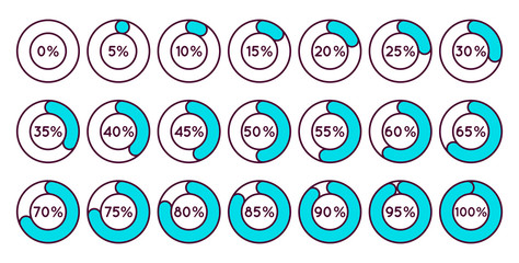 Set of blue circle percentage diagrams for infographics, 0 5 10 15 20 25 30 35 40 45 50 55 60 65 70 75 80 85 90 95 100 percent. Vector illustration.