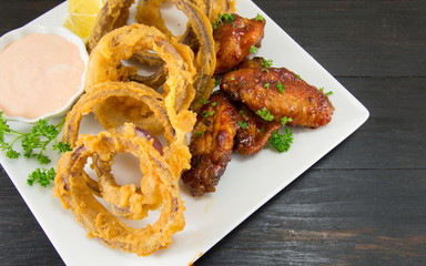 onion rings and barbecue wings