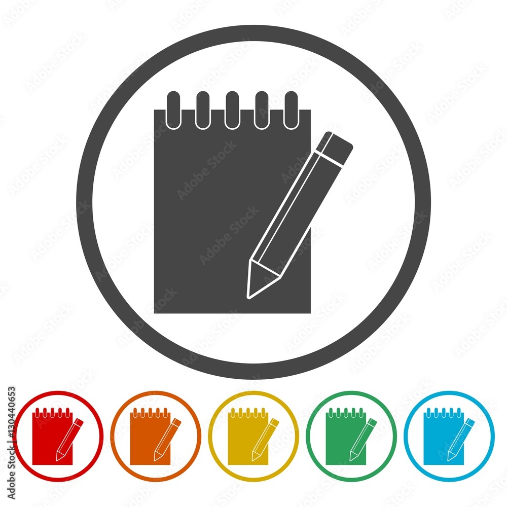 Poster notebook icon, document with pencil icons set