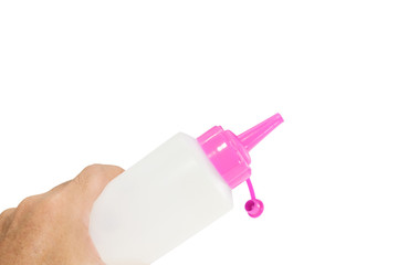 Plastic bottle / Hand holding plastic bottle on white background.