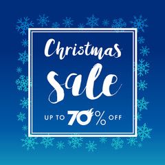 Merry Christmas lettering sale. Elegant Merry Christmas vector lettering sale up to 70% off design with light blue snowflakes in white frame on dark blue background