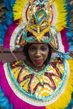 Woman posing for the carneval, Nassau, New Providence, Bahamas