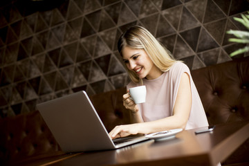 Young woman in cafe with laptop