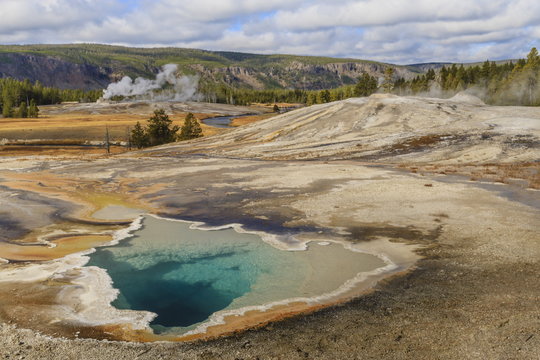 Elevated view of Doublet Pool, Firehole River and Castle Geyser, Upper Geyser Basin, Yellowstone National Park, Wyoming