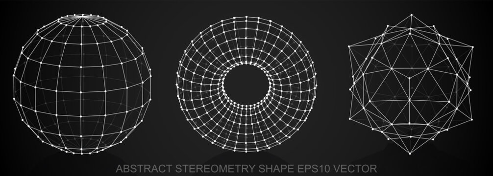 Set of Abstract stereometry shape: sketched Sphere, Torus, Octahedron. Hand drawn 3D polygonal objects. EPS 10, vector.