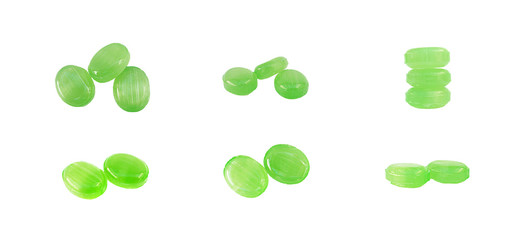 Medicated candy isolated. Several variants. Green mint candies.