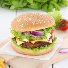 Cheeseburger Hamburger frisch Zwiebel Fleisch Käse Tomaten Sala