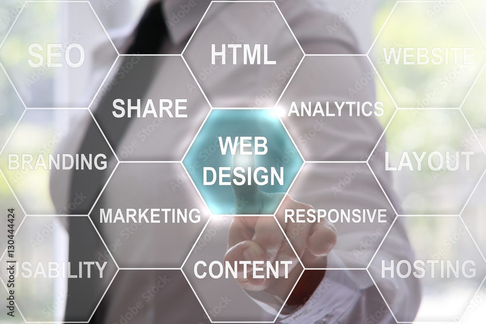 Poster businessman presses web design button on virtual screens. businesswoman touching the icon with the w