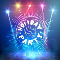 Show background. Merry Christmas Holiday Party Brush Script Style Hand lettering. Smoky vector stage interior shining with light from a projector © OLeksiiTooz