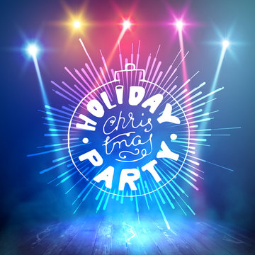 Show background. Merry Christmas Holiday Party Brush Script Style Hand lettering. Smoky vector stage interior shining with light from a projector