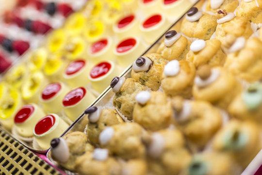 Typical homemade sweets and pastries of the old Cafe Cova, Milan, Lombardy