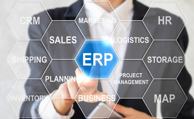 Businesswoman presses erp hexagon button on virtual screen. Businessman touching icon enterprise resource planning. Internet business concept, hr, crm, word, tag, map, management, sale, hexagon.