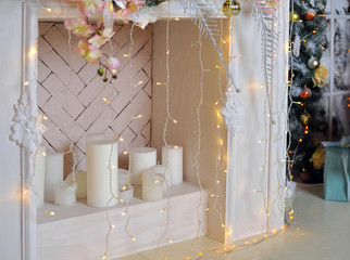Beautiful Christmas Christmas living room interior with decorated Christmas tree, fireplace, gifts, Teddy bear toy and a chair. Cards. Background. Elements.
