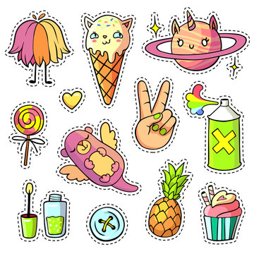 Cool stickers set in pop art comic style. Patch badges and pins with cartoon animals, food and things. Vector crazy doodles with unicorn planet, flying otter, ice cream cat etc.