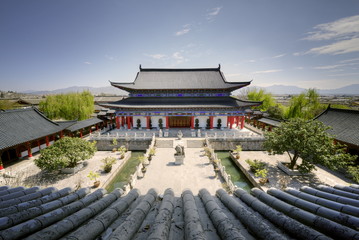 A view down on courtyard and building in classical Chinese architecture style at Mufu, Lijiang, Yunnan, China 