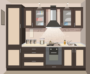 Vector kitchen interior card flat illustration