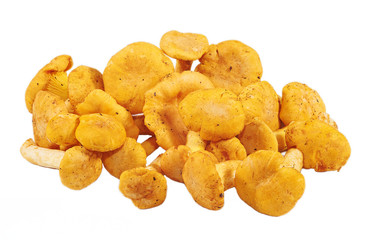 Heap of chanterelle mushrooms on white background