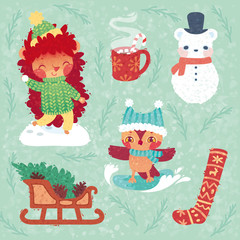 Cartoon forest animals playing outside in snow. Winter activities and attributes. Vector children's illustration with grunge paper texture for print. Set with fun little hedgehog and owl.