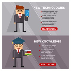 Business people banner. New technologies, new knowledge. Marketing strategy and the concept of enterprise development. Flat vector cartoon illustration. Objects isolated on a white background.