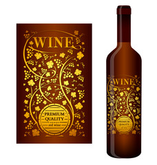 Vector wine label with floral ornament of grape bunches and grape leaves