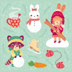 Cartoon forest animals playing outside in snow. Winter activities and attributes. Vector children's illustration for print. Cute little bunny girl with skis and raccoon sculpting snowman.
