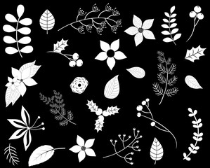 Vector winter foliage silhouettes with white flowers, leaves, branches