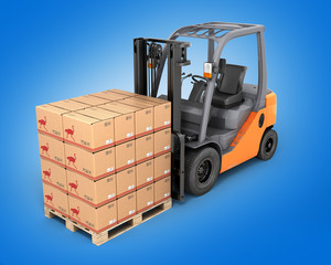 Forklift truck with boxes on pallet perspective view on blue bac