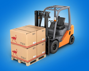 Forklift truck with boxes  on pallet on blue gradient background