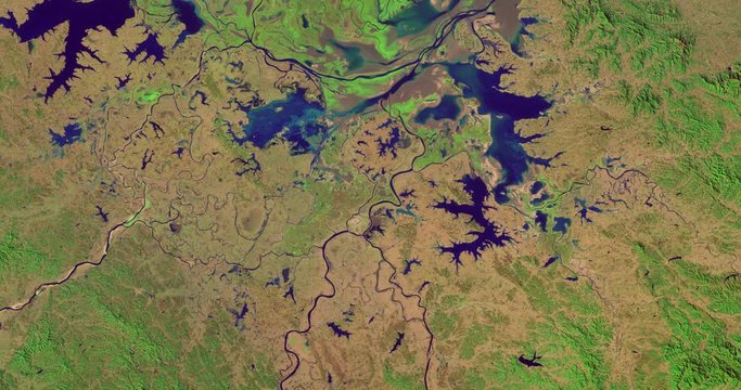 High-altitude overflight aerial of Poyang Lake in Jiangxi Province, China. Clip loops and is reversible. Elements of this image furnished by USGS/NASA Landsat
