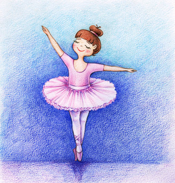 hands drawn picture of little beautiful ballet dancer on the stage by the color pencils