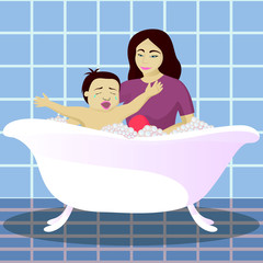 Naklejka premium Mother washes crying child in bathroom